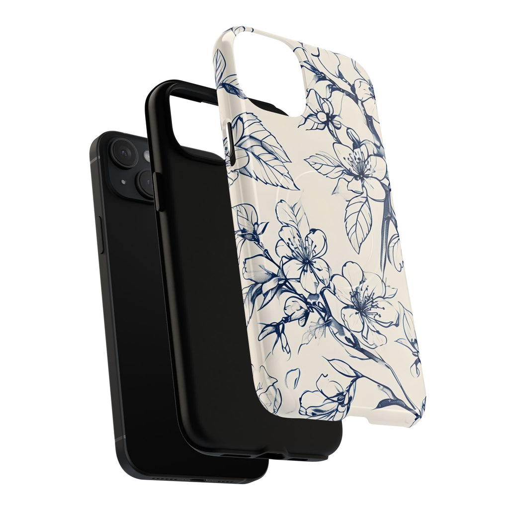 Blossom Sketch - Artistic Blue Floral - iPhone 15 Plus MagSafe Phone Case - Hand-Drawn Botanical Design