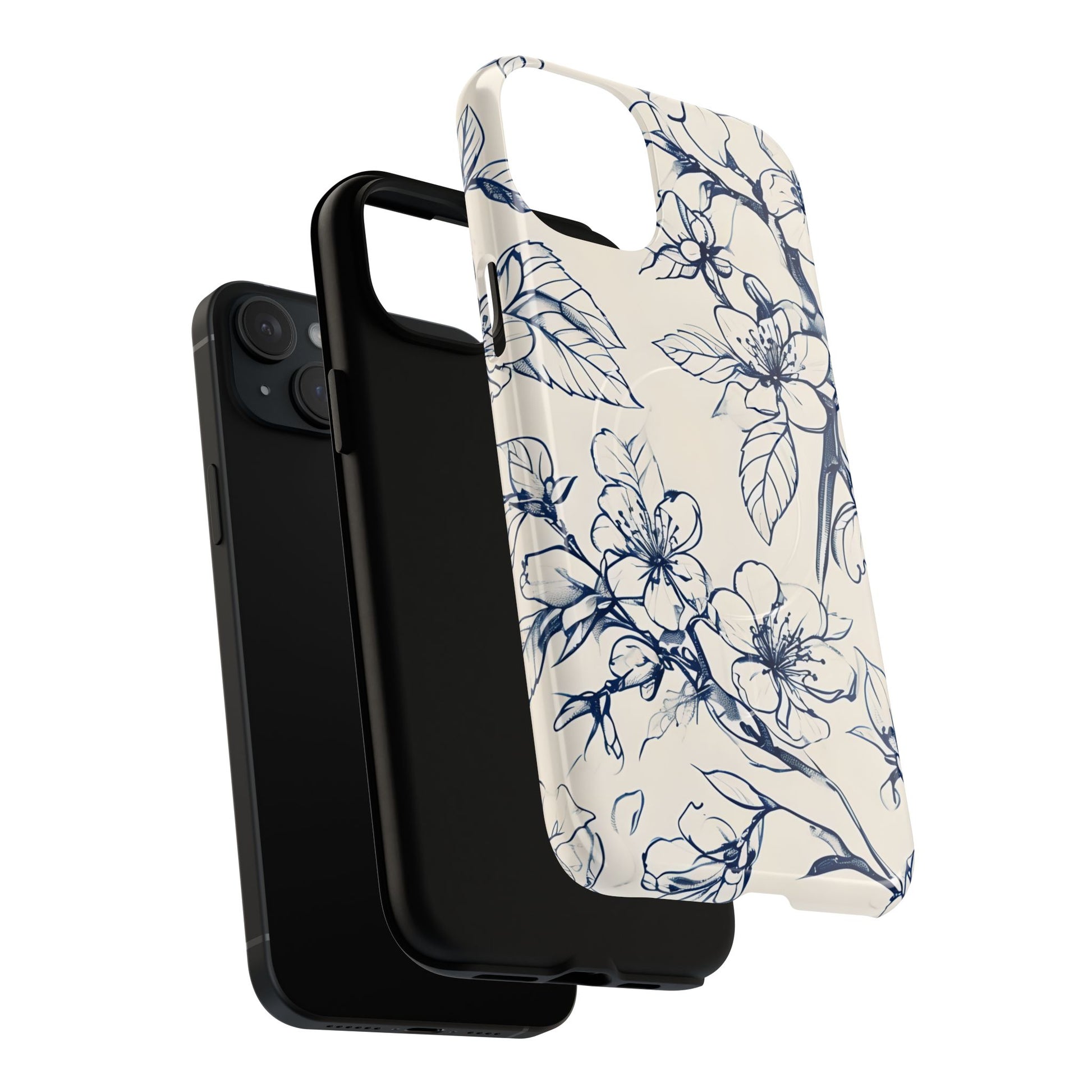 Blossom Sketch - Artistic Blue Floral - iPhone 15 Plus MagSafe Phone Case - Hand-Drawn Botanical Design