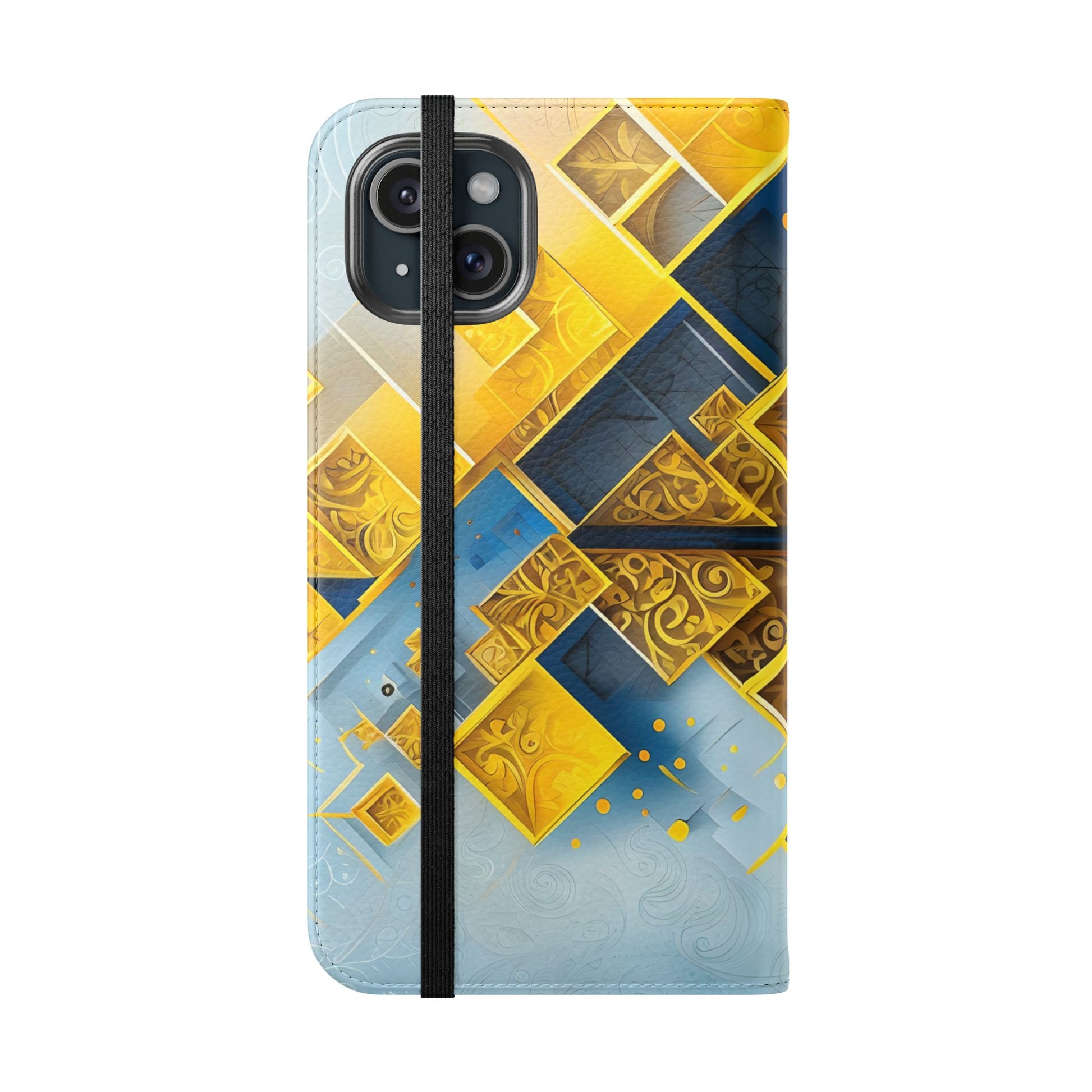 Golden Ascent Wallet Phone Case - Abstract Yellow & Blue Flip Cover for iPhone 15 Plus