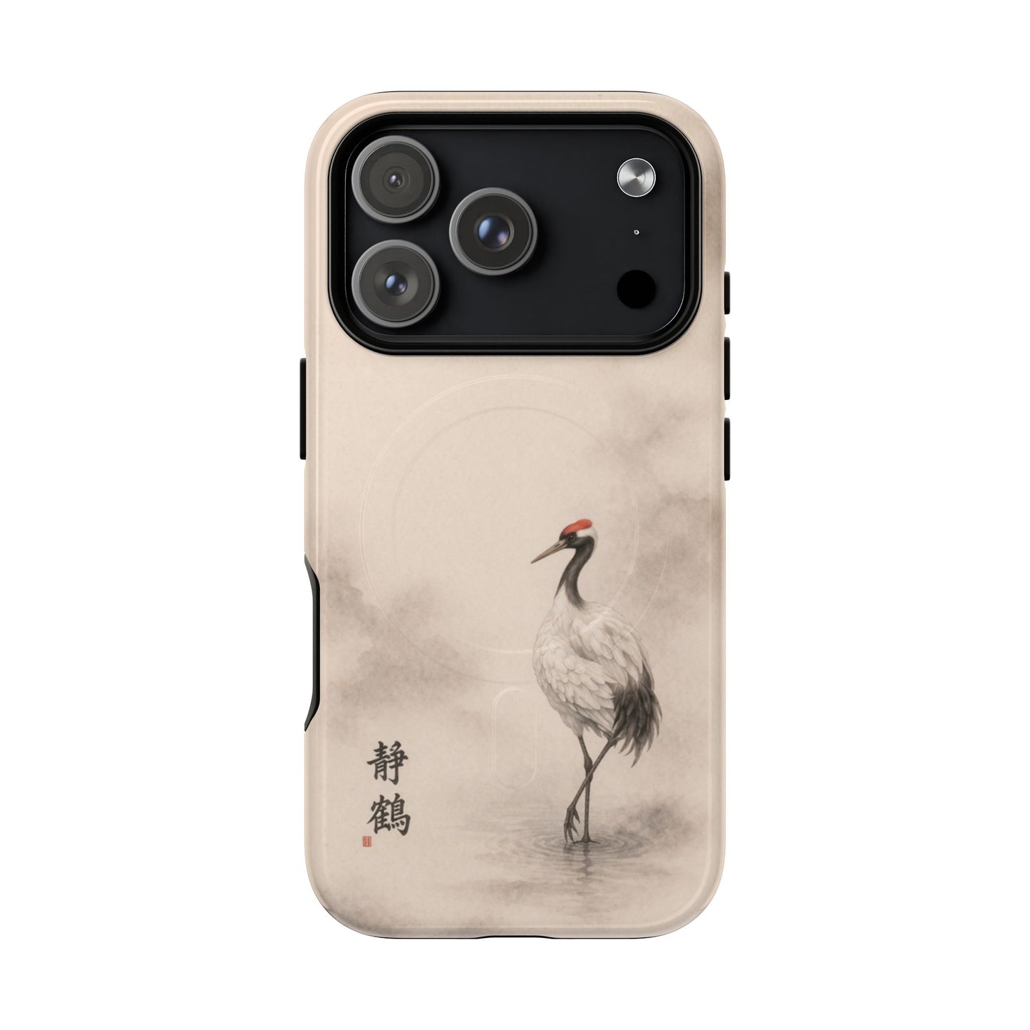 Minimalist crane iPhone case detail for large camera cutouts, Japanese-inspired bird artwork on soft neutral background, sleek protective phone cover with elegant aesthetic