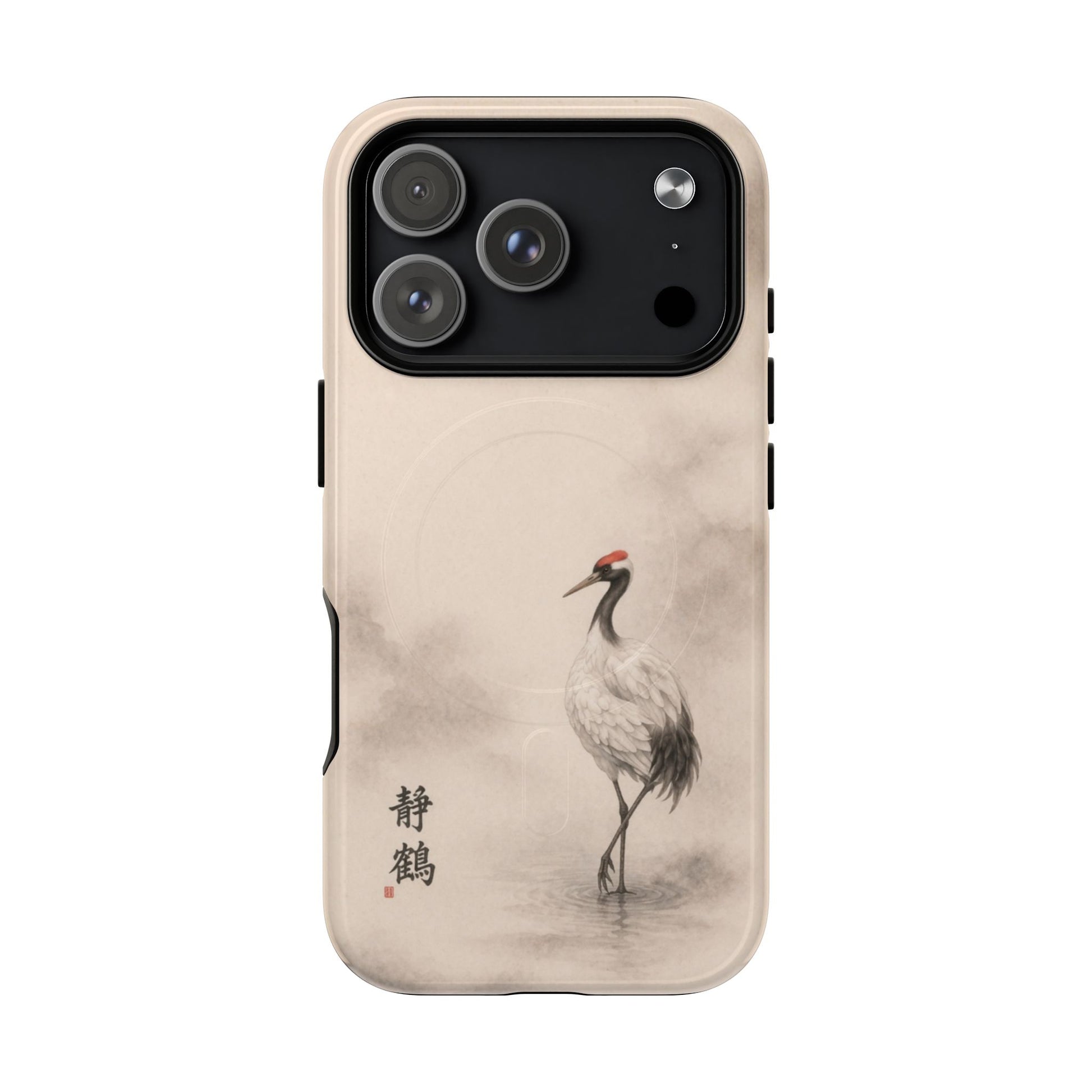 Minimalist crane iPhone case detail for large camera cutouts, Japanese-inspired bird artwork on soft neutral background, sleek protective phone cover with elegant aesthetic