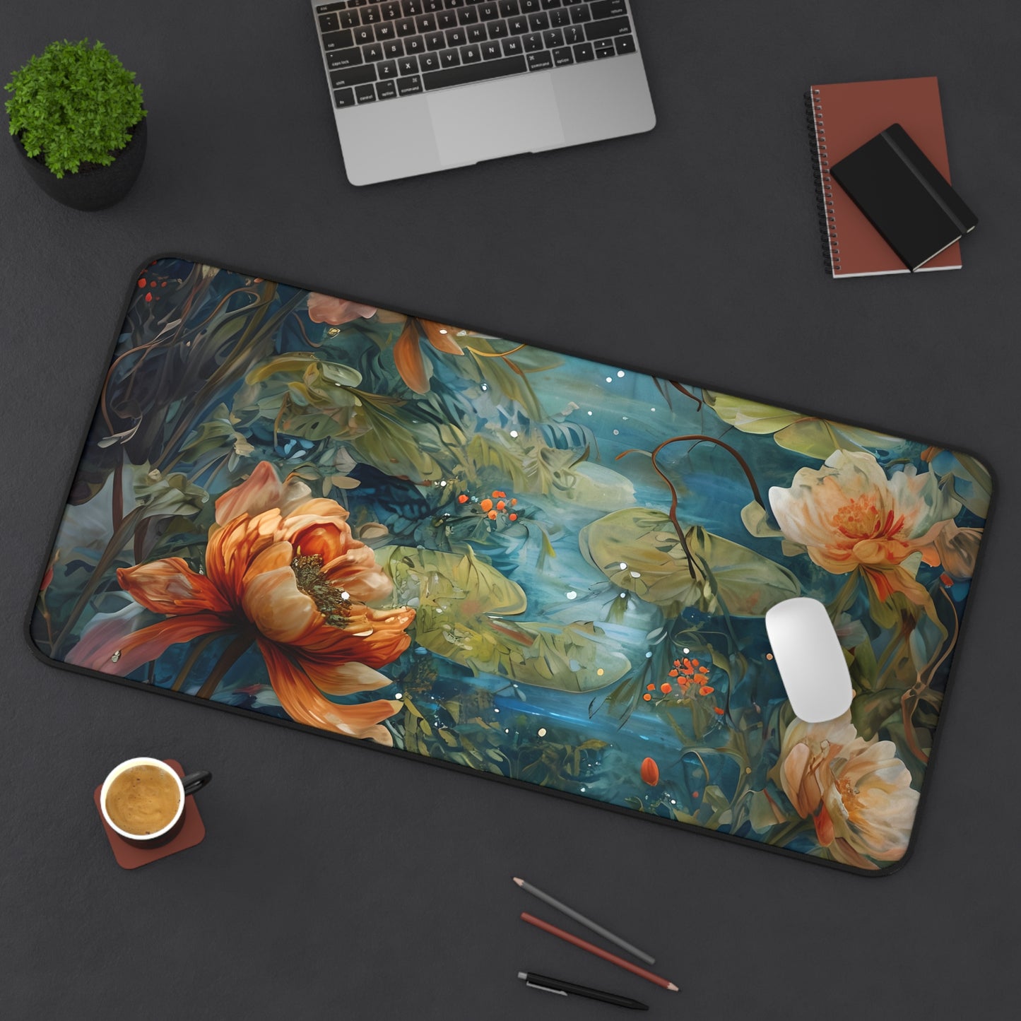 Waterlily Nocturne Designer Desk Mat - Premium Office Desk Pad, 3 Sizes Available, Artistic Workspace Protection