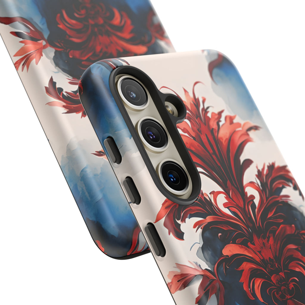 Crimson Plume - Bold Artistic Feather Samsung Galaxy S24 Tough Phone Case - Dramatic Red & Blue Design