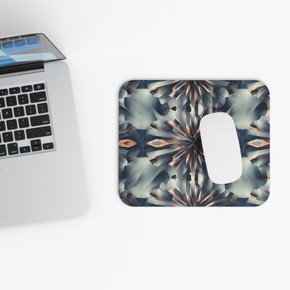 Obsidian Kaleidoscope mouse pad beside laptop displaying monochrome kaleidoscope design