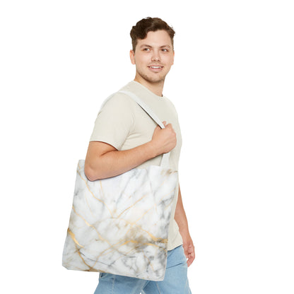 Golden Vein Marble Tote Bag (16x16 & 18x18)- Elegant White Marble with Gold Accents, Reusable & Eco-Friendly