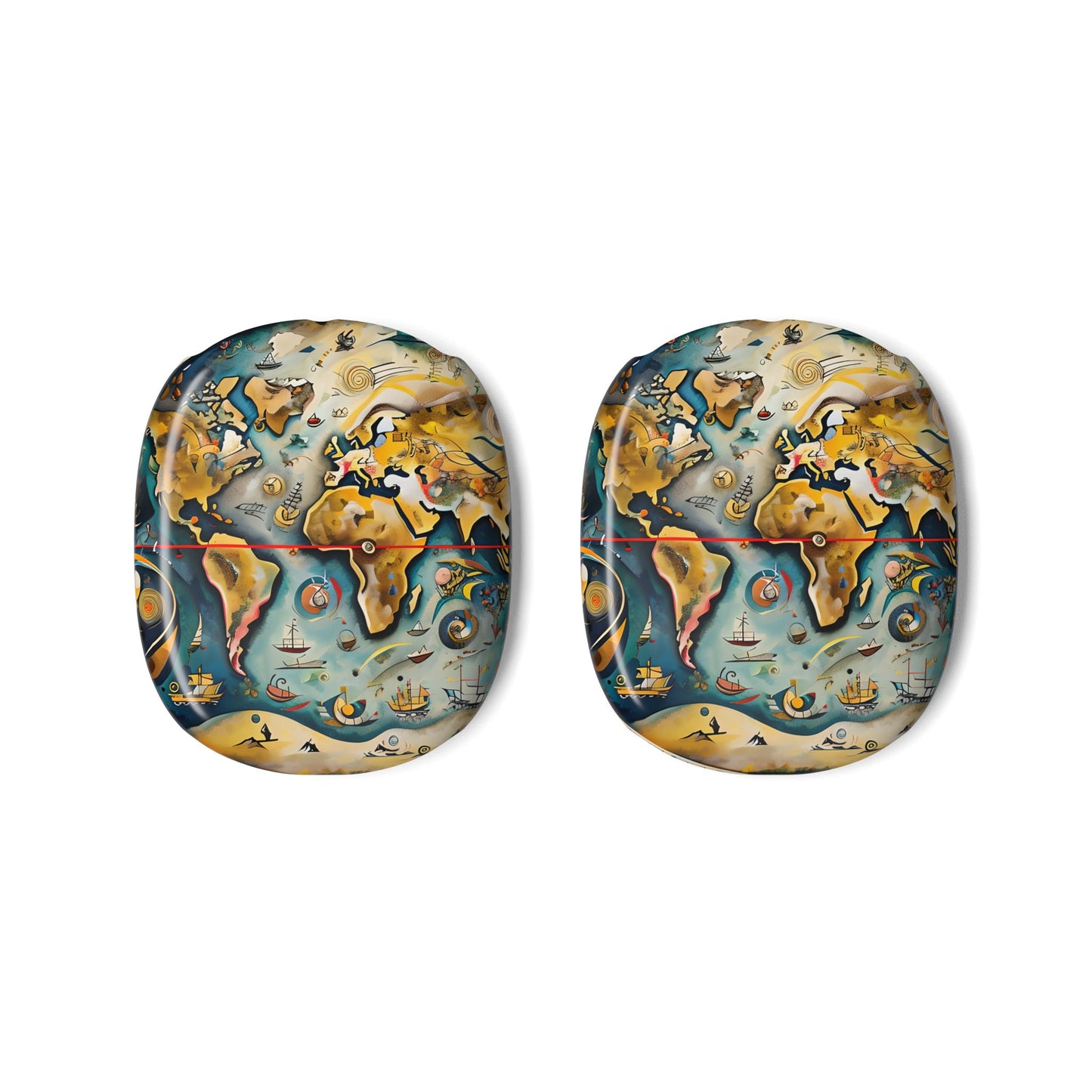 Celestial Map AirPods Max ear cup covers with old world map details, celestial symbols, and teal ocean tones, flat product view