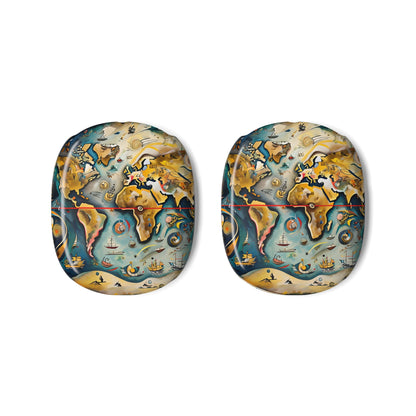 Celestial Map AirPods Max ear cup covers with old world map details, celestial symbols, and teal ocean tones, flat product view