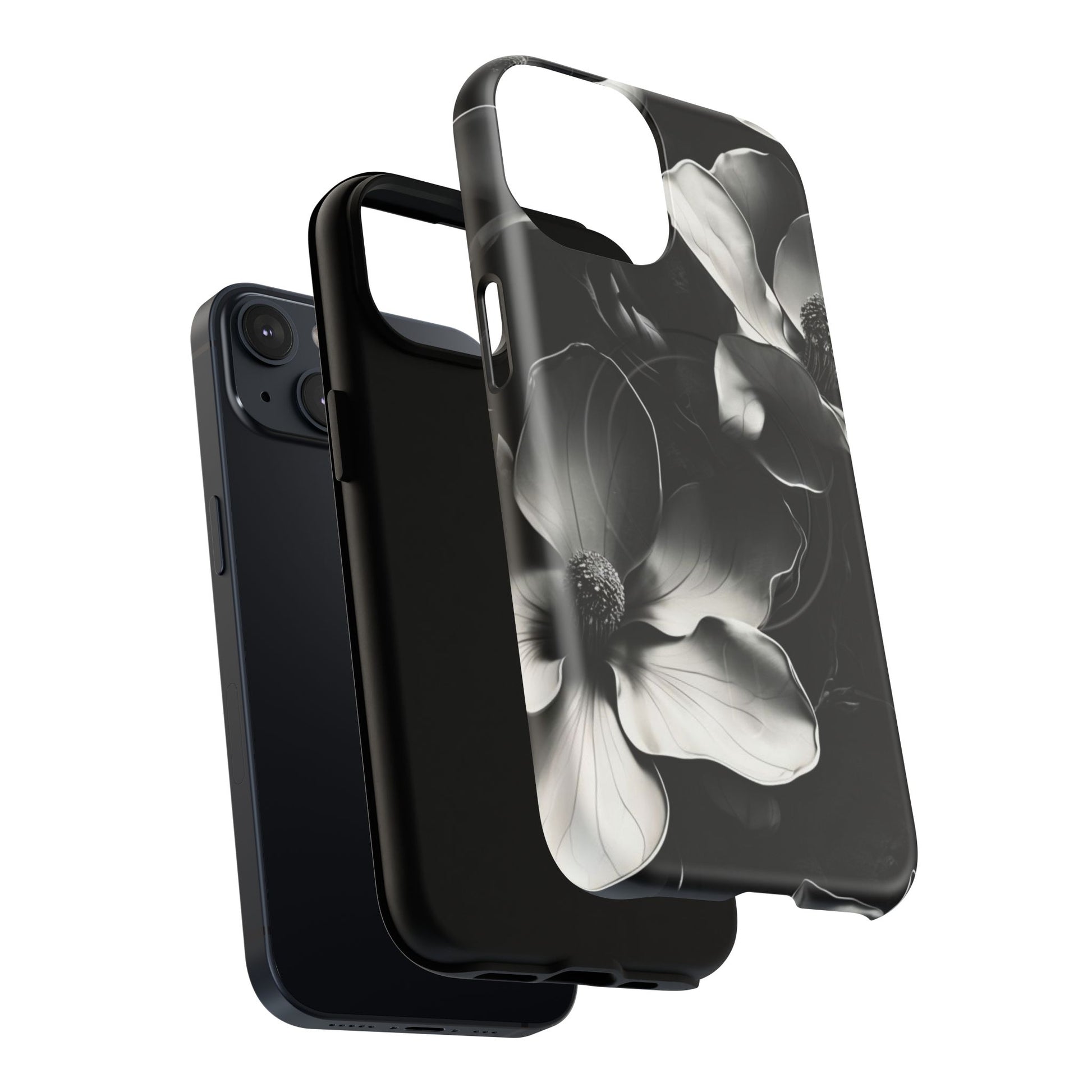 Monochrome Magnolia - Elegant Black & White Floral iPhone 14 MagSafe Phone Case - Artistic Magnolia Design