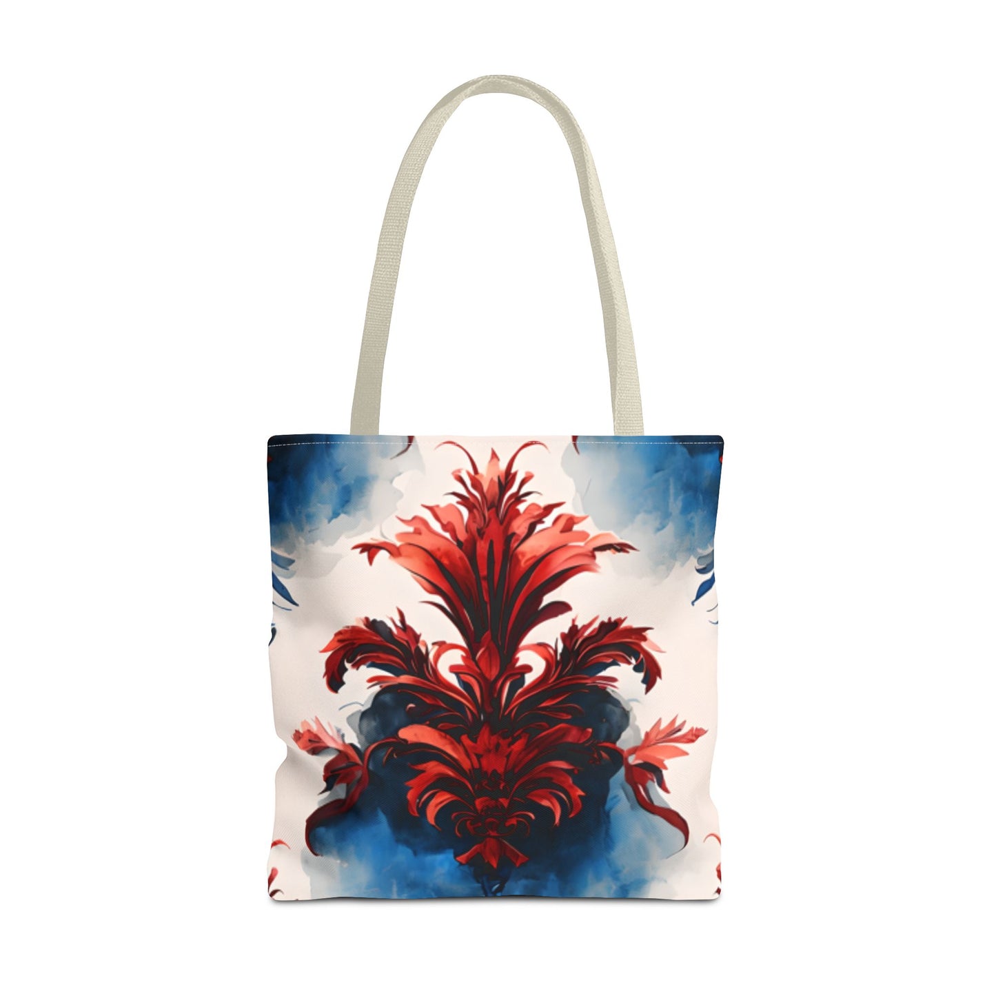 Crimson Plume Tote Bag (16x16 & 18x18)- Bold Abstract Floral in Red and Blue, Reusable & Eco-Friendly