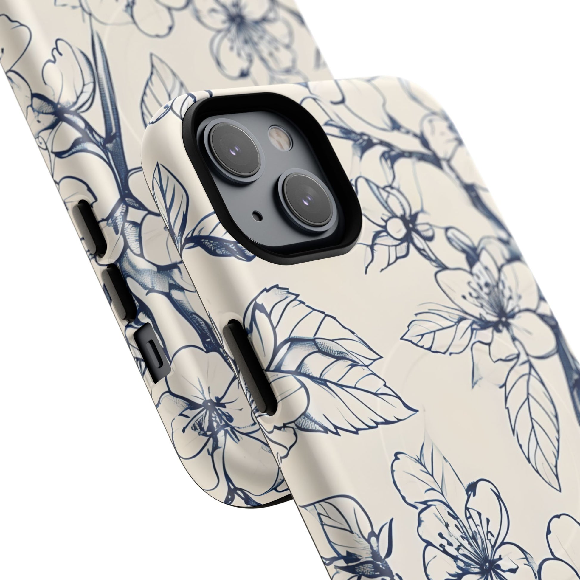 Blossom Sketch - Artistic Blue Floral - iPhone 14 Plus MagSafe Phone Case - Hand-Drawn Botanical Design