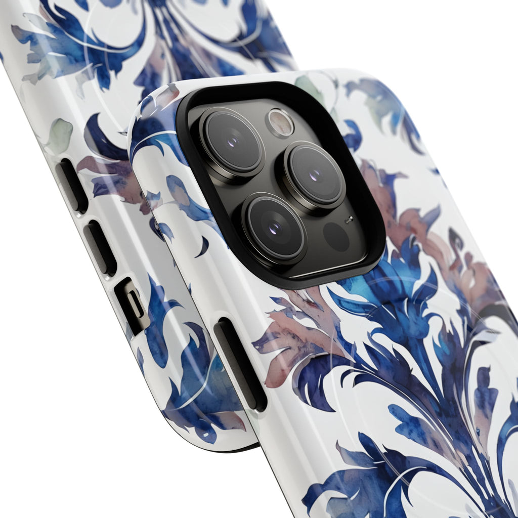 Delft Reverie - Elegant Blue & White iPhone 14 Pro MagSafe Phone Case - Dutch Delftware-Inspired Floral Design