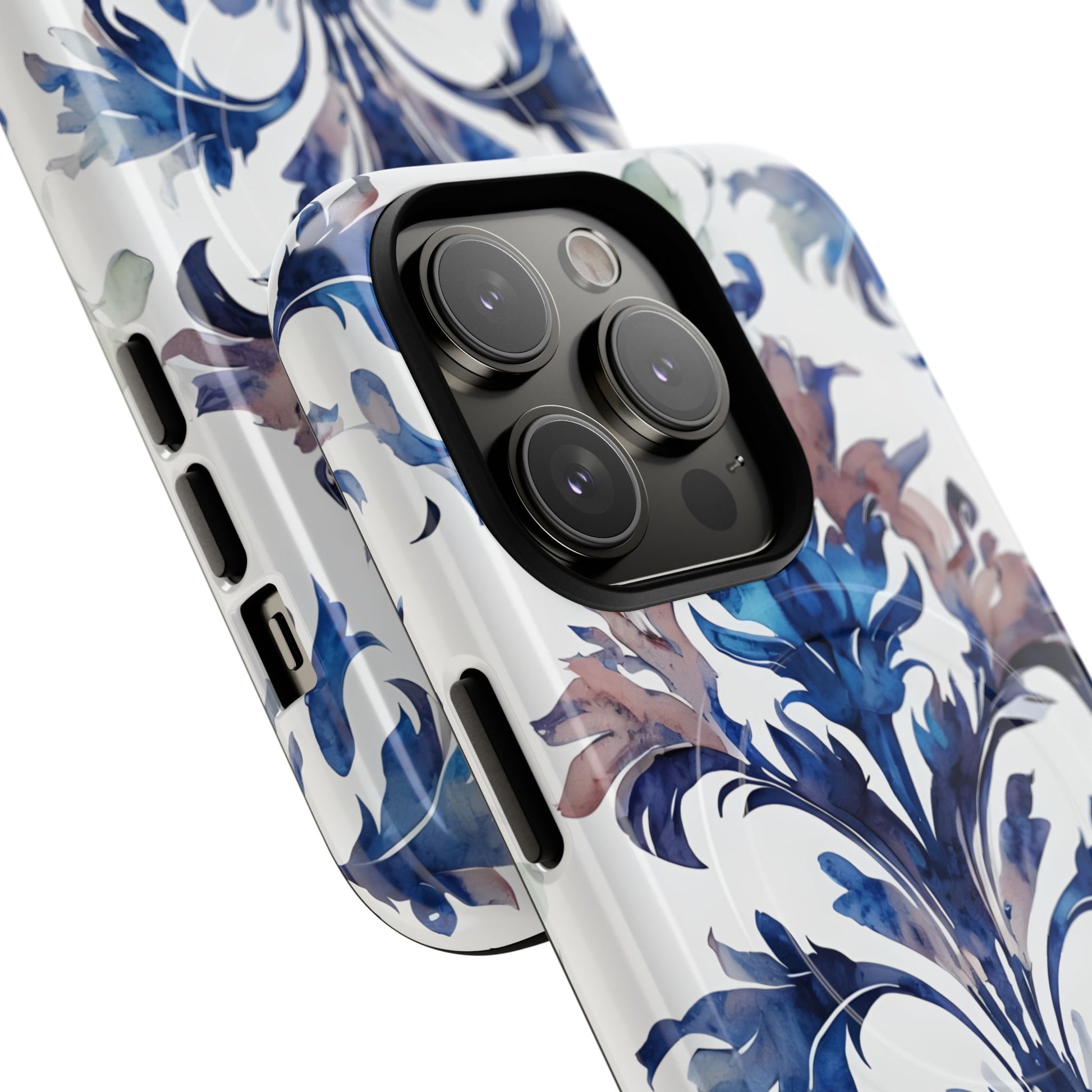 Delft Reverie - Elegant Blue & White iPhone 14 Pro MagSafe Phone Case - Dutch Delftware-Inspired Floral Design
