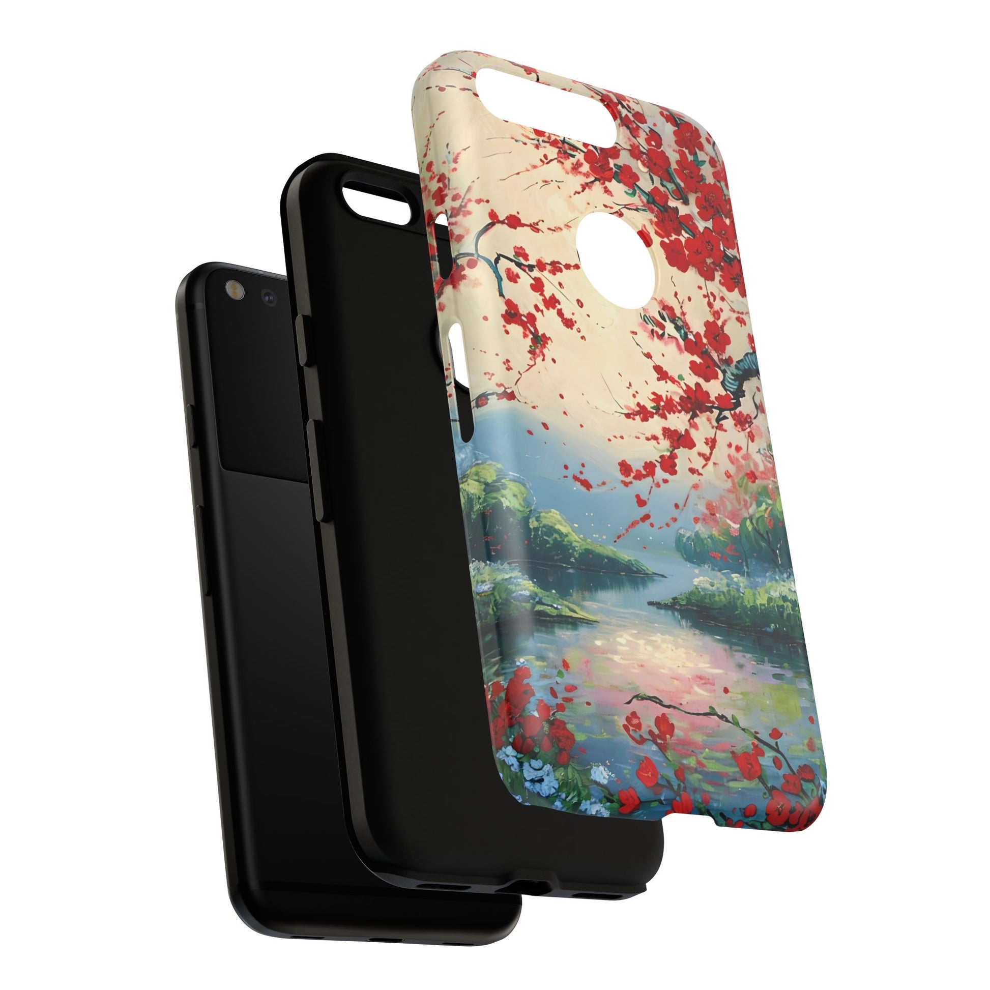 Crimson Blossom Lake - Artistic Floral Landscape Google Pixel Tough Phone Case - Red Cherry Blossoms & Serene Lake Design