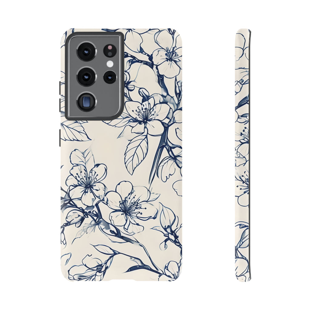 Blossom Sketch - Artistic Blue Floral Samsung Galaxy S21 Ultra Tough Phone Case - Hand-Drawn Botanical Design