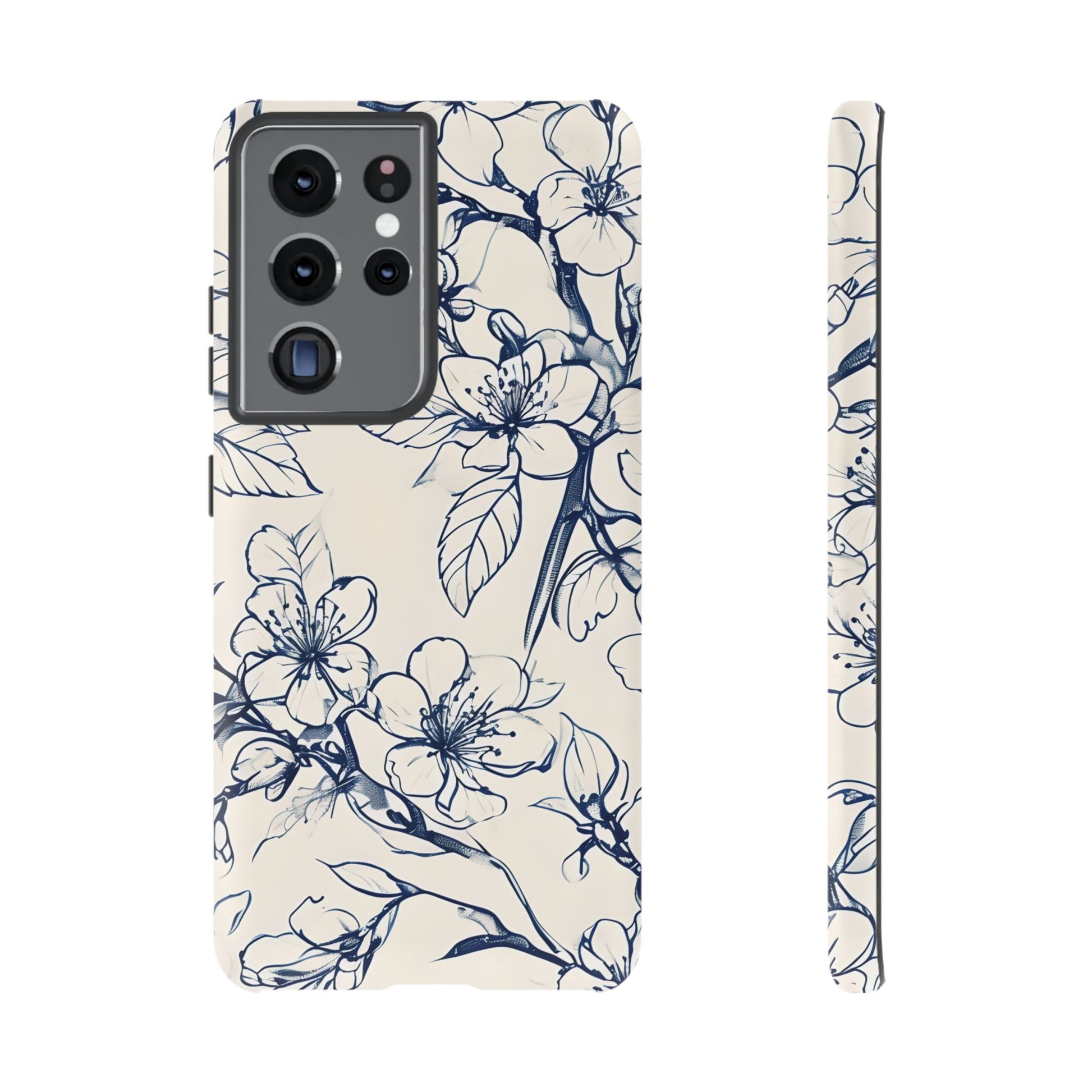 Blossom Sketch - Artistic Blue Floral Samsung Galaxy S21 Ultra Tough Phone Case - Hand-Drawn Botanical Design