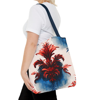 Crimson Plume canvas tote bag worn over shoulder showing dramatic crimson plume artwork