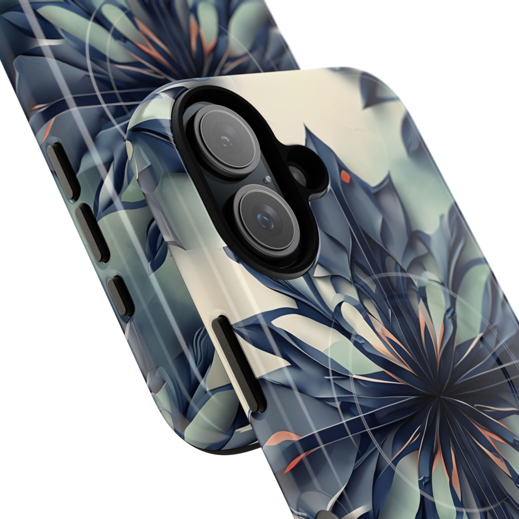 Frosted Indigo Bloom - Artistic Kaleidoscope Collection Artistic Floral - iPhone 16 MagSafe Phone Case -Blue Symmetrical Design