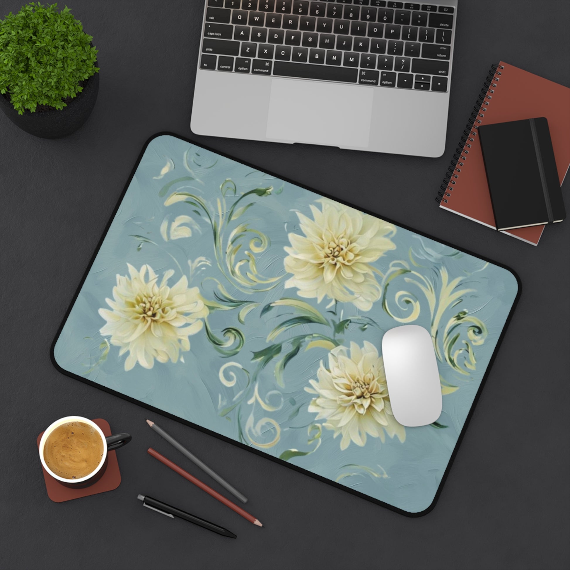 Golden Dahlia Trio Desk Mat - Premium Office Desk Pad, 3 Sizes Available, Artistic Workspace Protection