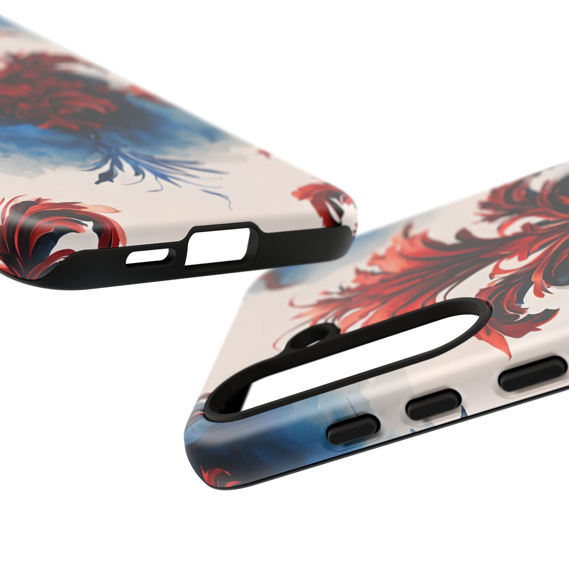 Crimson Plume - Bold Artistic Feather Samsung Galaxy S24 Plus Tough Phone Case - Dramatic Red & Blue Design