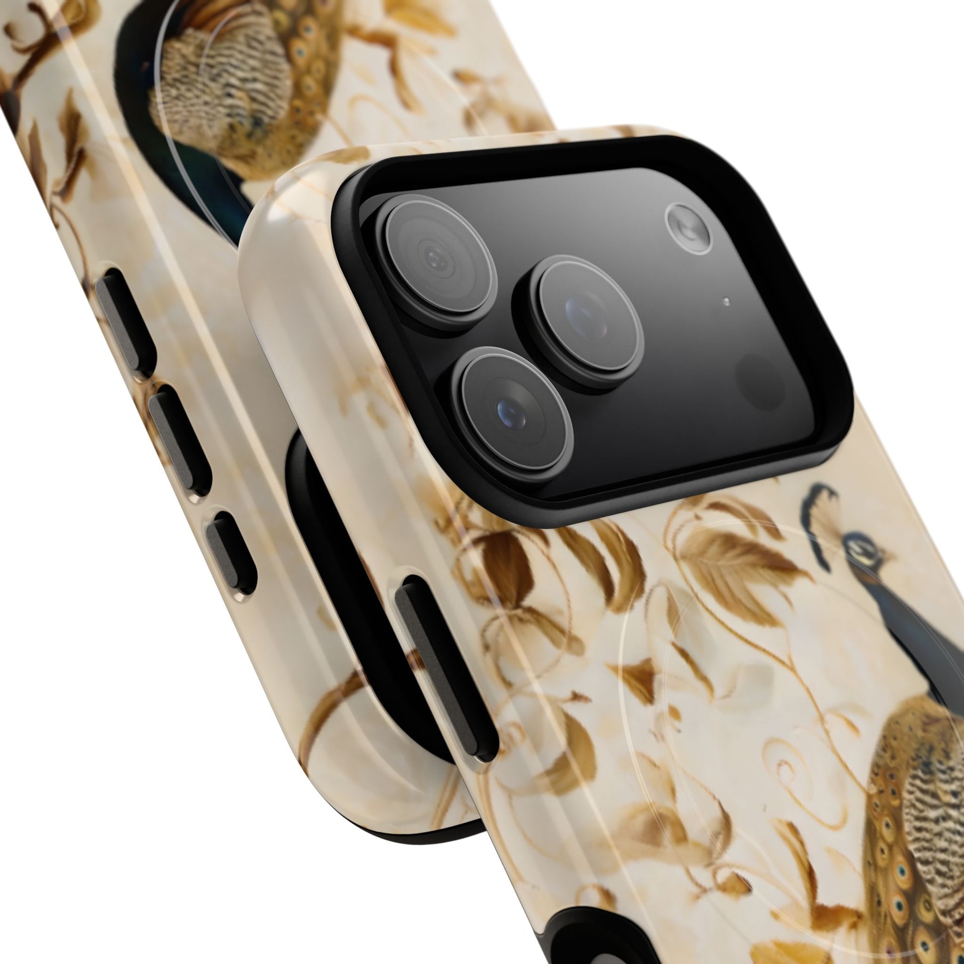 Golden Plumage peacock bird design iPhone MagSafe case with gold ornamental pattern