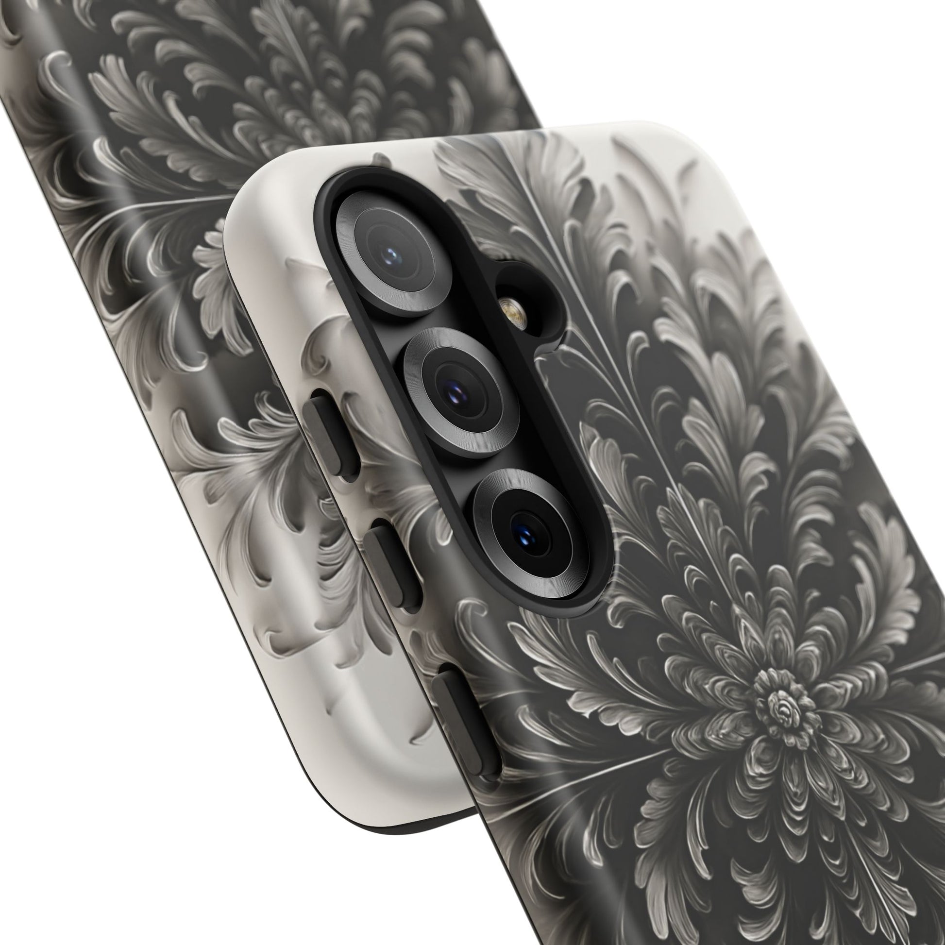 Obsidian Bloom - Elegant Black & White Samsung Galaxy S25 Tough Phone Case - Intricate Mandala Flower Design