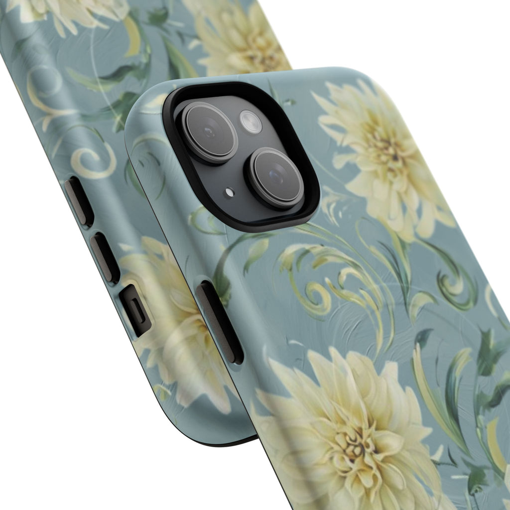 Golden Dahlia Trio - Elegant Floral iPhone 15 Plus MagSafe Phone Case - Artistic White & Blue Dahlia Design