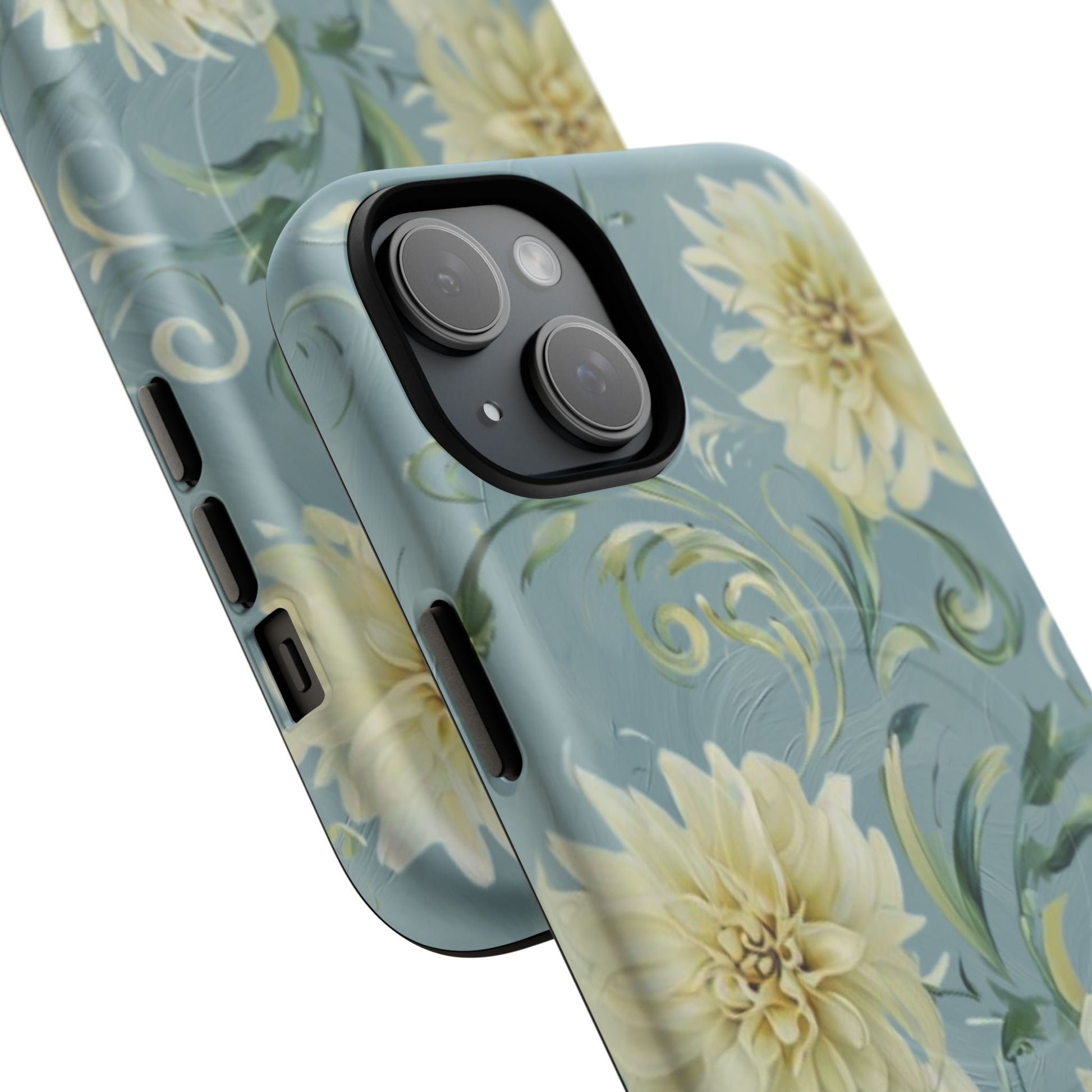 Golden Dahlia Trio - Elegant Floral iPhone 15 Plus MagSafe Phone Case - Artistic White & Blue Dahlia Design