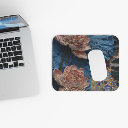 Peony Midnight Tapestry mouse pad beside laptop displaying floral tapestry artwork