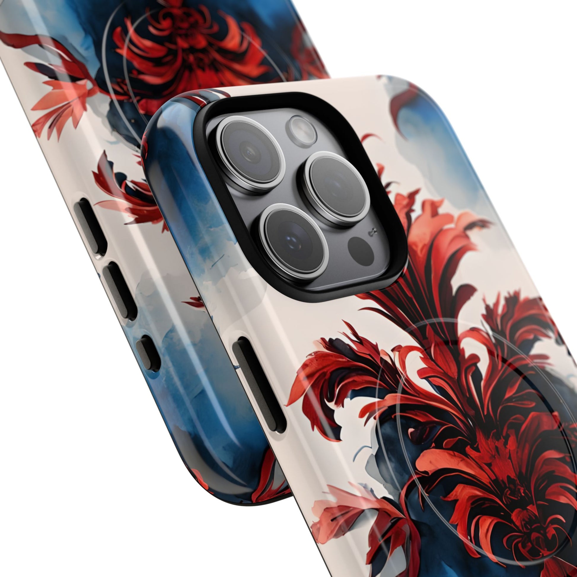 Crimson Plume - Bold Artistic Feather iPhone 15 Pro Max MagSafe Phone Case - Dramatic Red & Blue Design