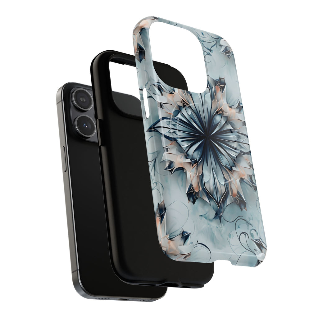 Indigo Mirage - Artistic Kaleidoscope Collection Artistic Floral - iPhone 15 Pro MagSafe Phone Case -Bold Indigo Symmetrical Design