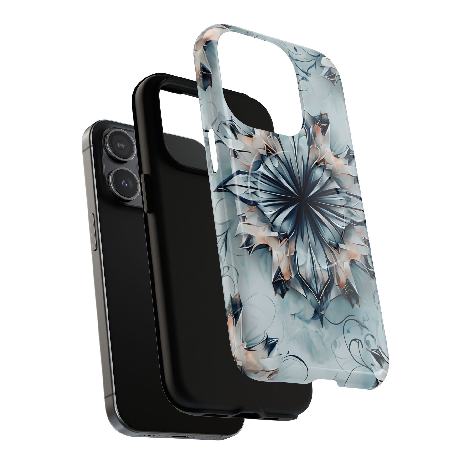 Indigo Mirage - Artistic Kaleidoscope Collection Artistic Floral - iPhone 15 Pro MagSafe Phone Case -Bold Indigo Symmetrical Design