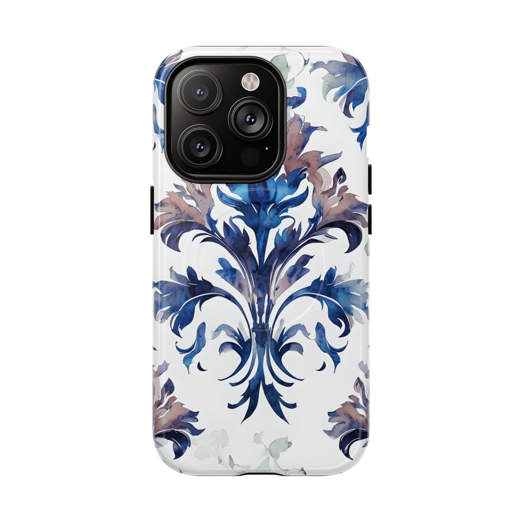 Delft Reverie - Elegant Blue & White iPhone 14 Pro MagSafe Phone Case - Dutch Delftware-Inspired Floral Design