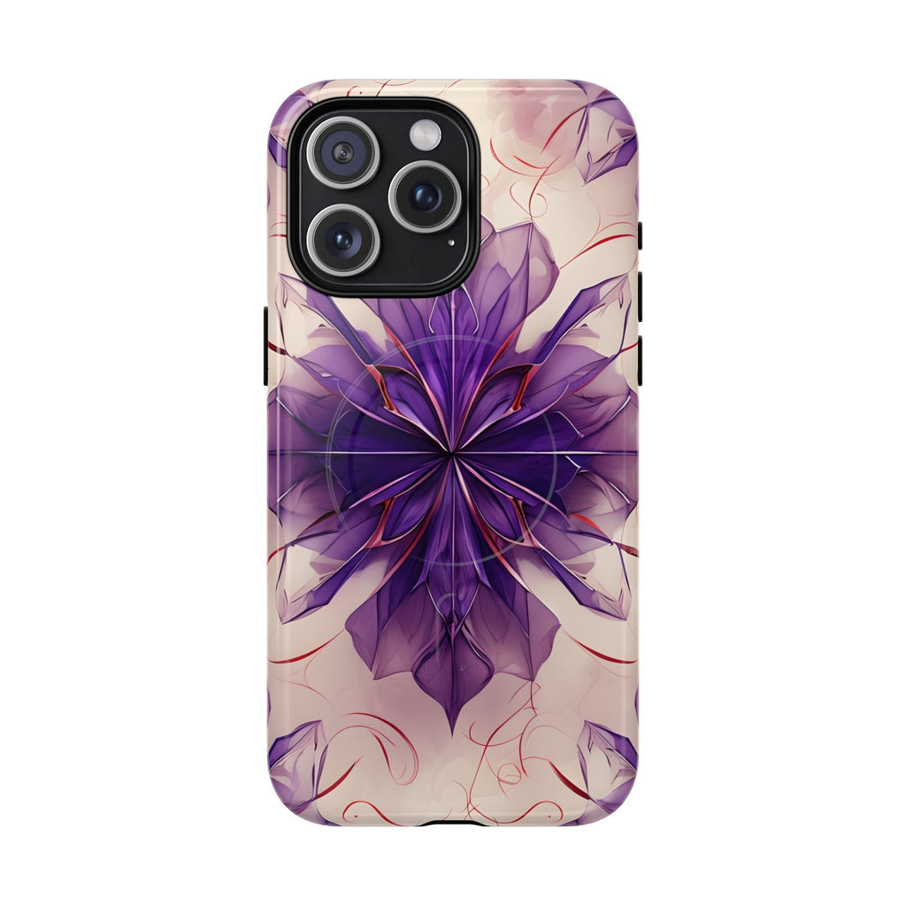 Violet Reverie - Kaleidoscope Collection Artistic Floral Burst - iPhone 15 Pro Max MagSafe Phone Case - Bold Purple Symmetrical Design