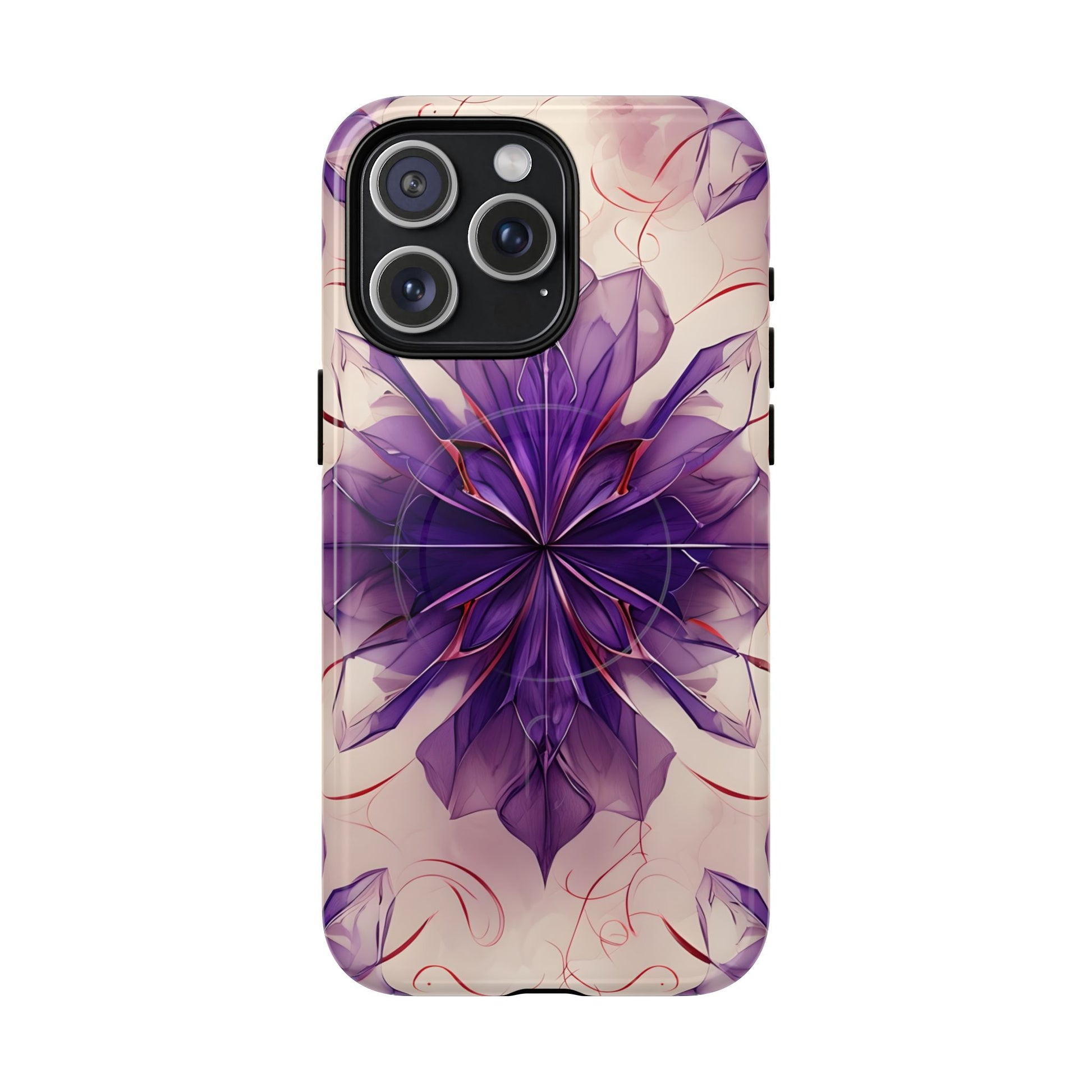 Violet Reverie - Kaleidoscope Collection Artistic Floral Burst - iPhone 15 Pro Max MagSafe Phone Case - Bold Purple Symmetrical Design