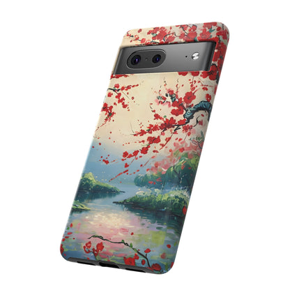 Crimson Blossom Lake - Artistic Floral Landscape Google Pixel 6 Tough Phone Case - Red Cherry Blossoms & Serene Lake Design