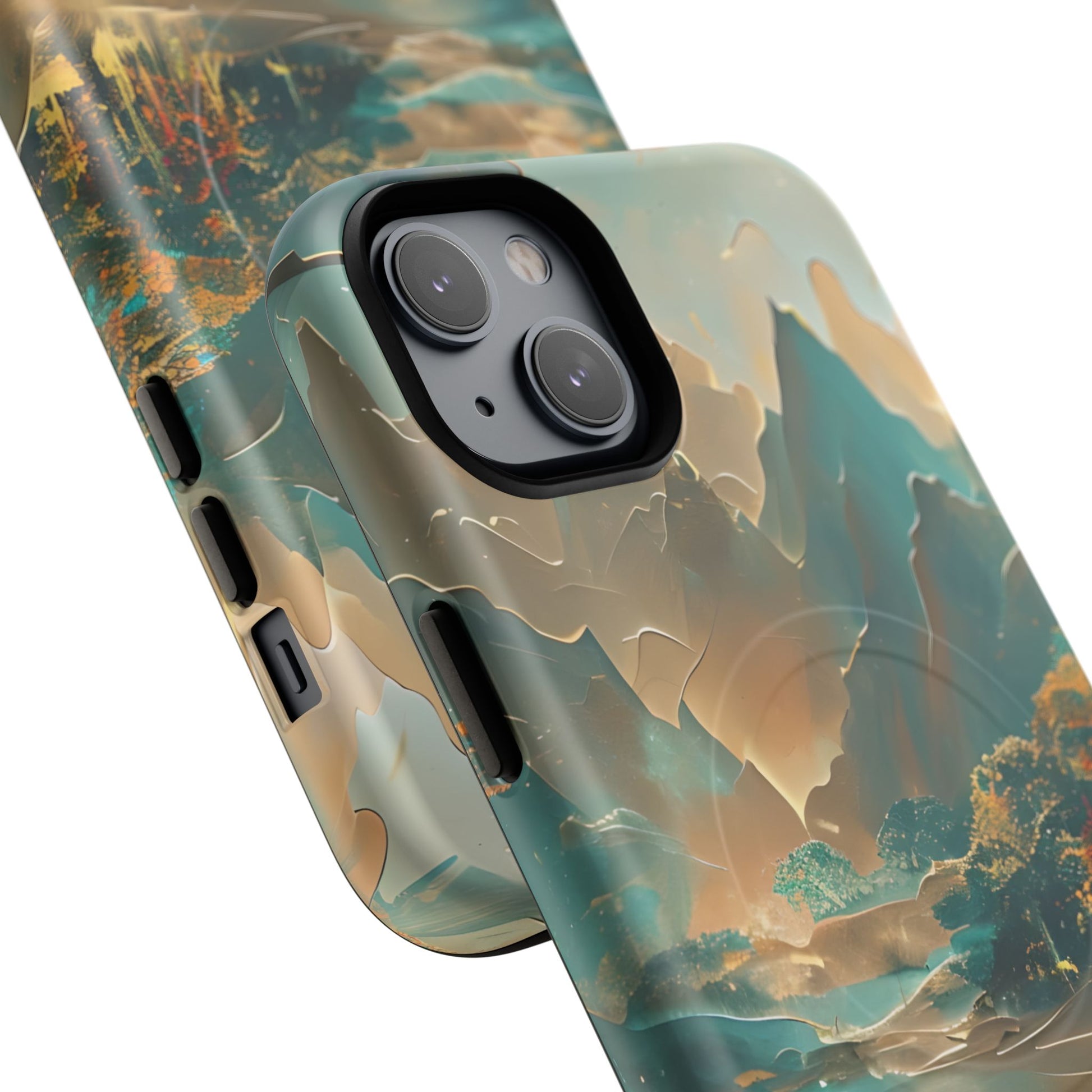 Misty Horizon - Serene Landscape Art iPhone 14 Plus MagSafe Phone Case - Tranquil Mountain & Lake Design