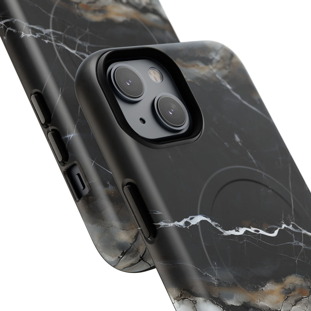 Obsidian Vein iPhone 14 MagSafe Phone Case -Black Neutral Marble Design