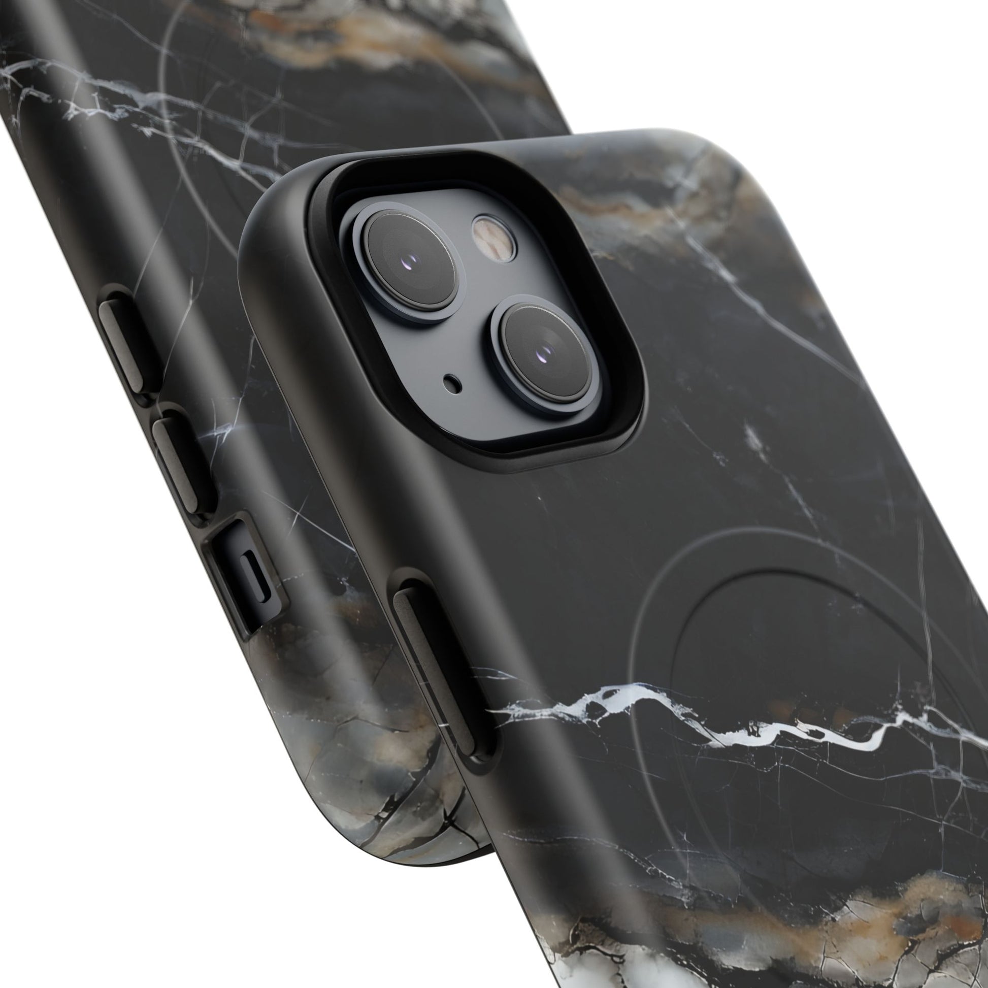 Obsidian Vein iPhone 14 MagSafe Phone Case -Black Neutral Marble Design