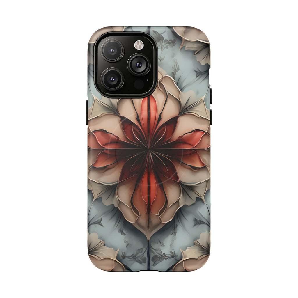 Ember Bloom - Kaleidoscope Collection Artistic Floral iPhone 14 Pro Max MagSafe Phone Case - Fiery Symmetrical Design