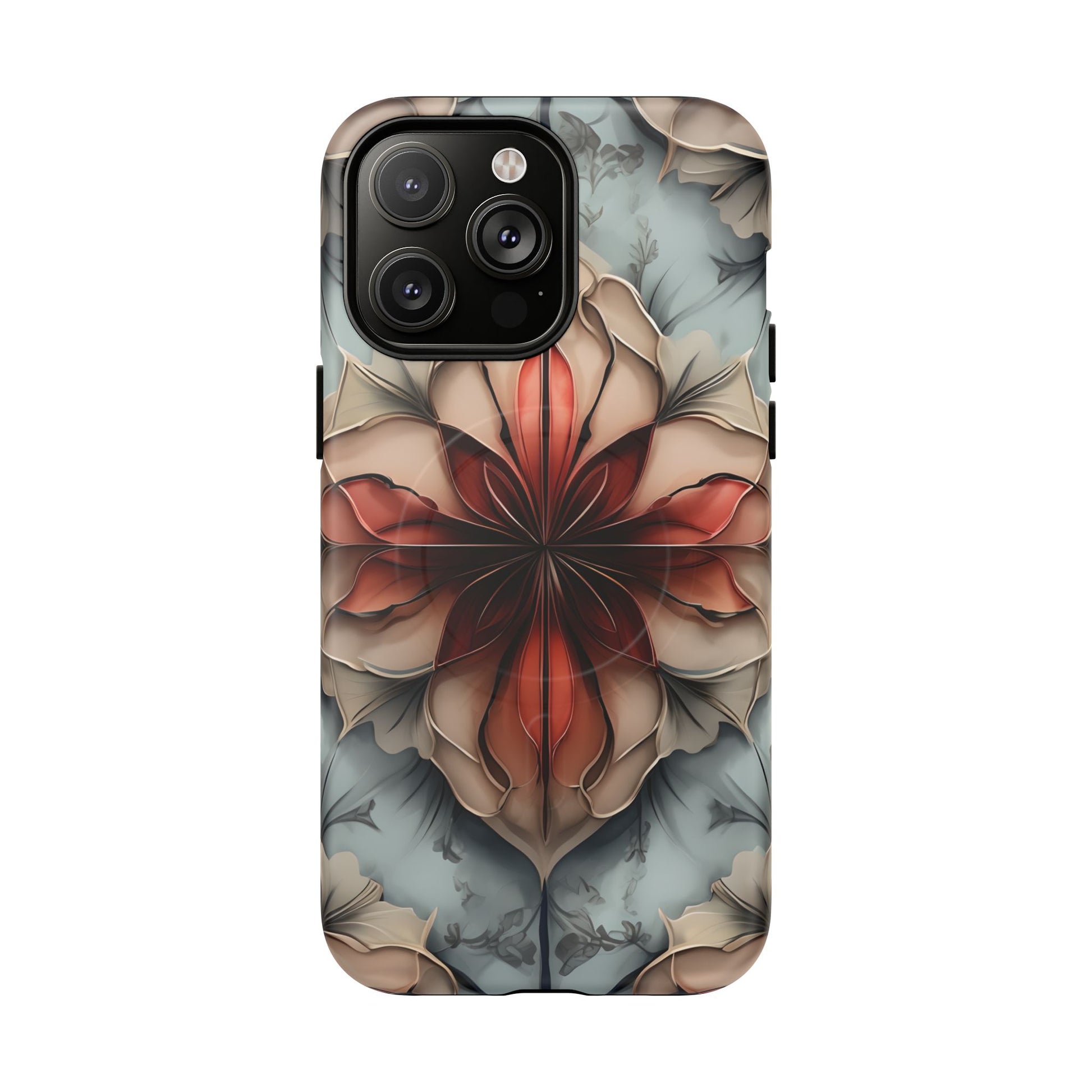 Ember Bloom - Kaleidoscope Collection Artistic Floral iPhone 14 Pro Max MagSafe Phone Case - Fiery Symmetrical Design