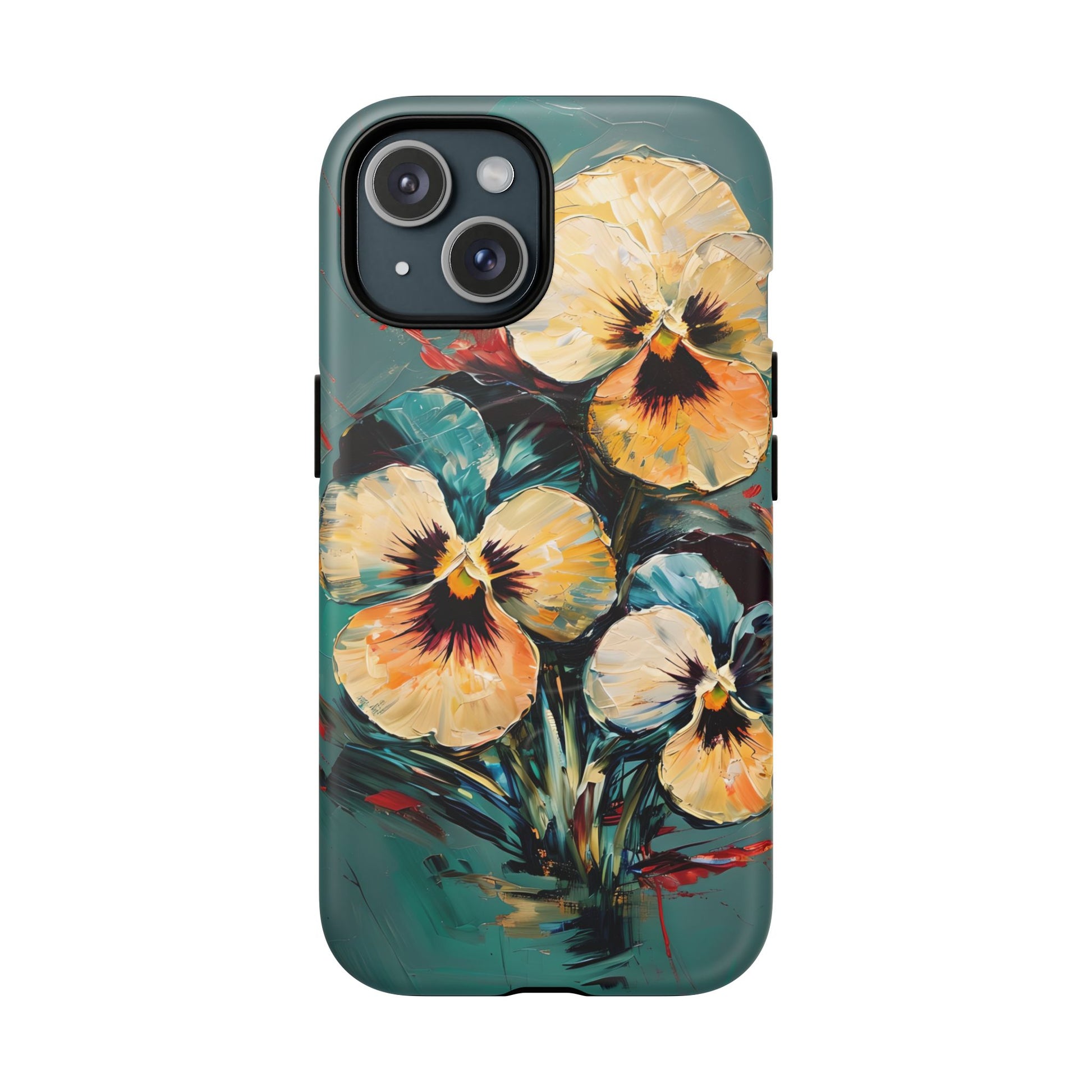 Golden Pansy Cascade - Elegant Floral iPhone 15 MagSafe Case with Deep Teal Background