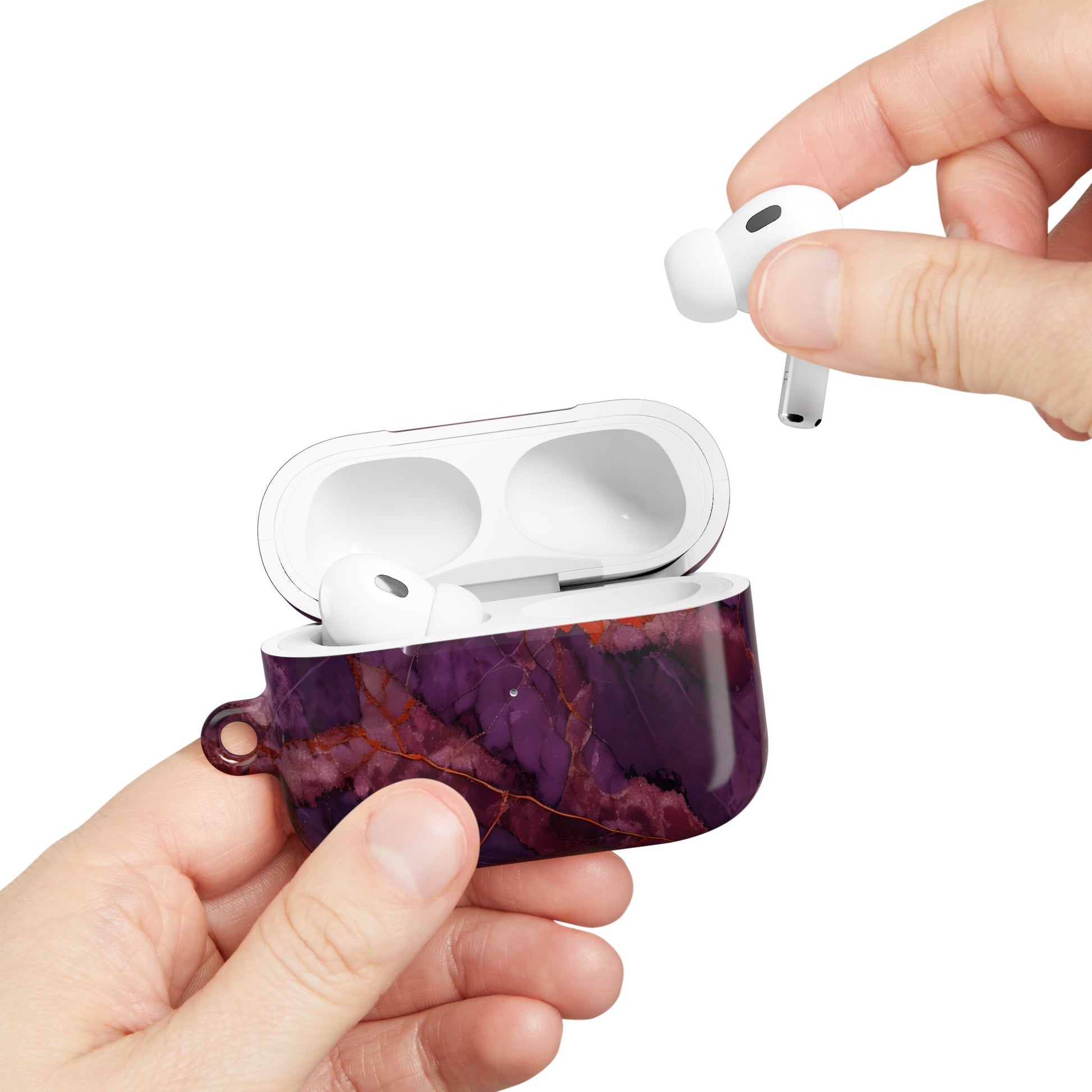 Hand placing AirPods into Amethyst Current AirPods case with purple marble vein design
