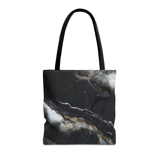 Obsidian Vein canvas tote bag featuring black marble pattern with dramatic white veining and black handles