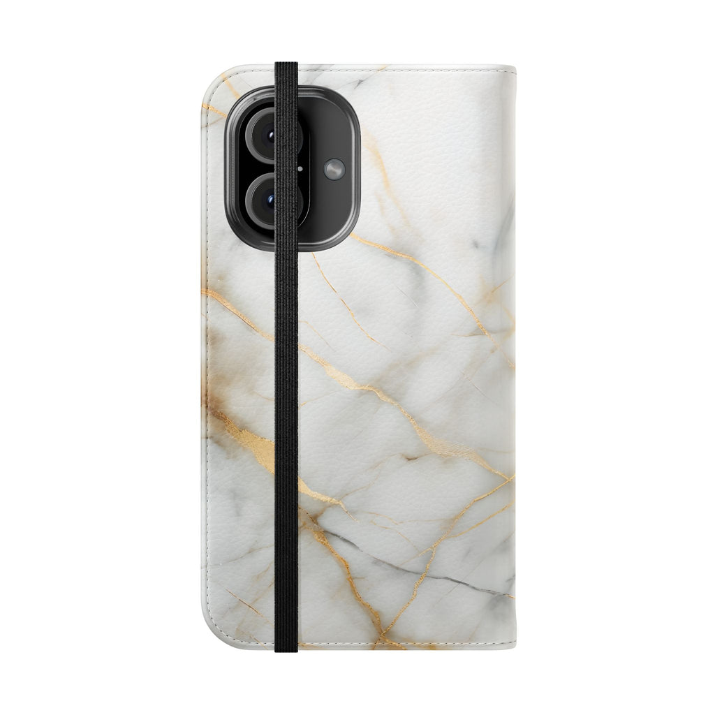 Golden Vein Wallet Phone Case - Gold & White Marble Design - Flip Cover for iPhone 16