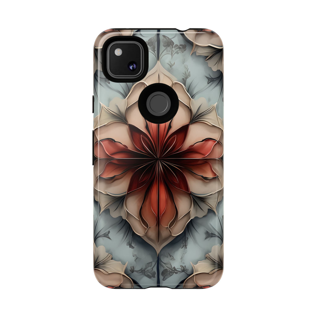 Ember Bloom - Kaleidoscope Collection Artistic Floral - Google Pixel 4a Tough Phone Case - Fiery Symmetrical Design