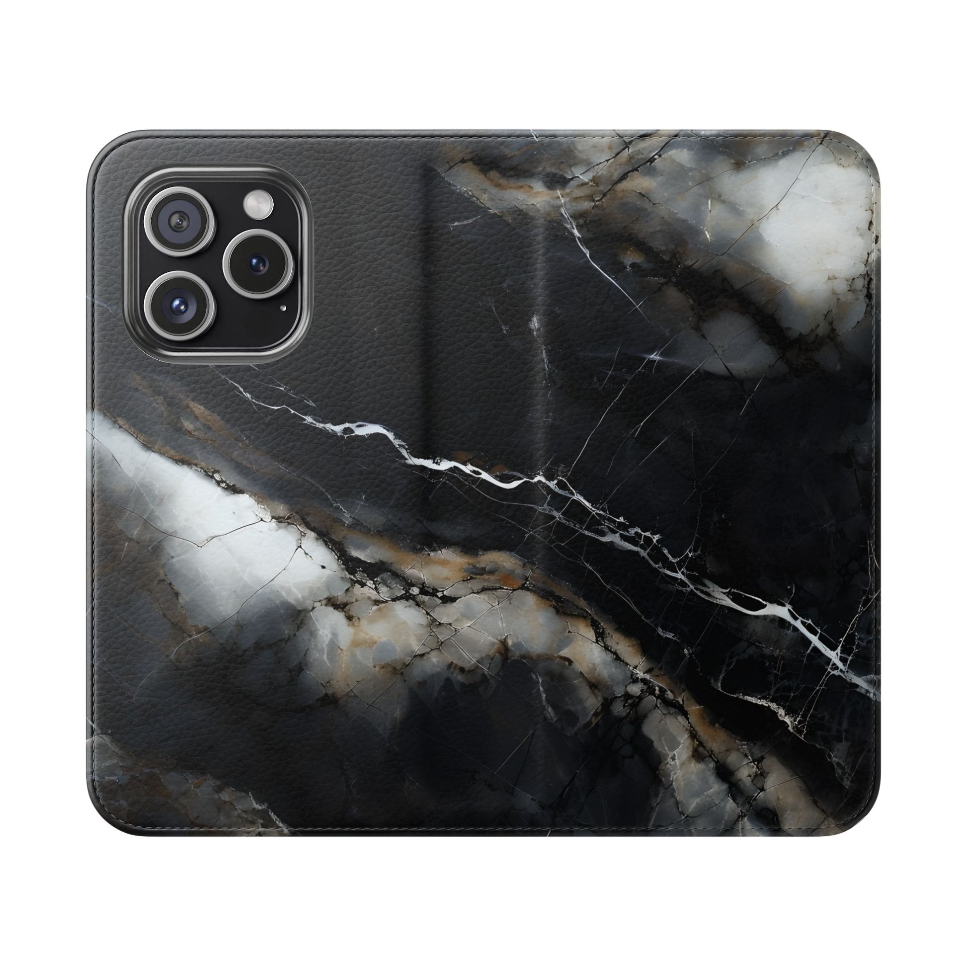 Obsidian Vein Wallet Phone Case - Black & White Marble - Flip Cover for iPhone 15 Pro