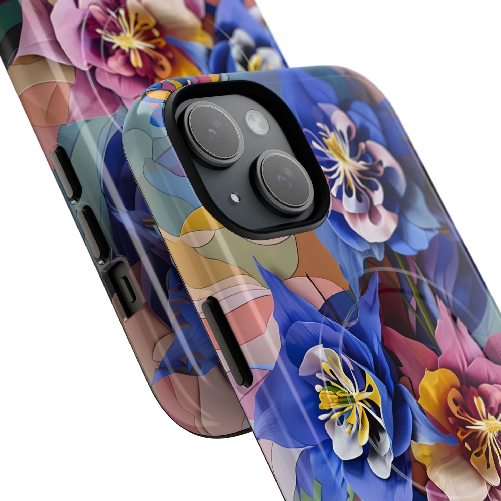 Blue Columbine Carnivale - Artistic Floral & Butterfly iPhone 15 MagSafe Phone Case - Vibrant Botanical Design