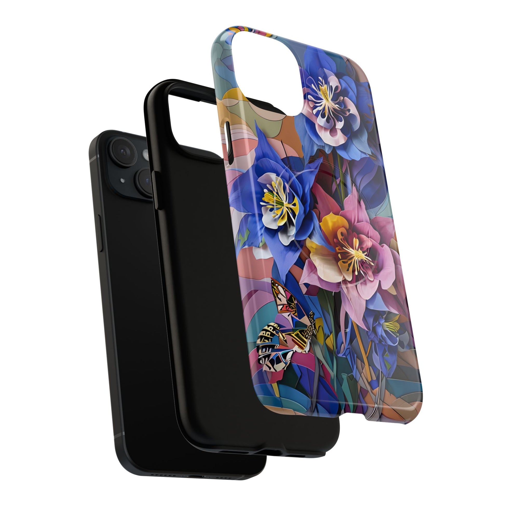 Blue Columbine Carnivale - Artistic Floral & Butterfly iPhone 15 Plus MagSafe Phone Case - Vibrant Botanical Design