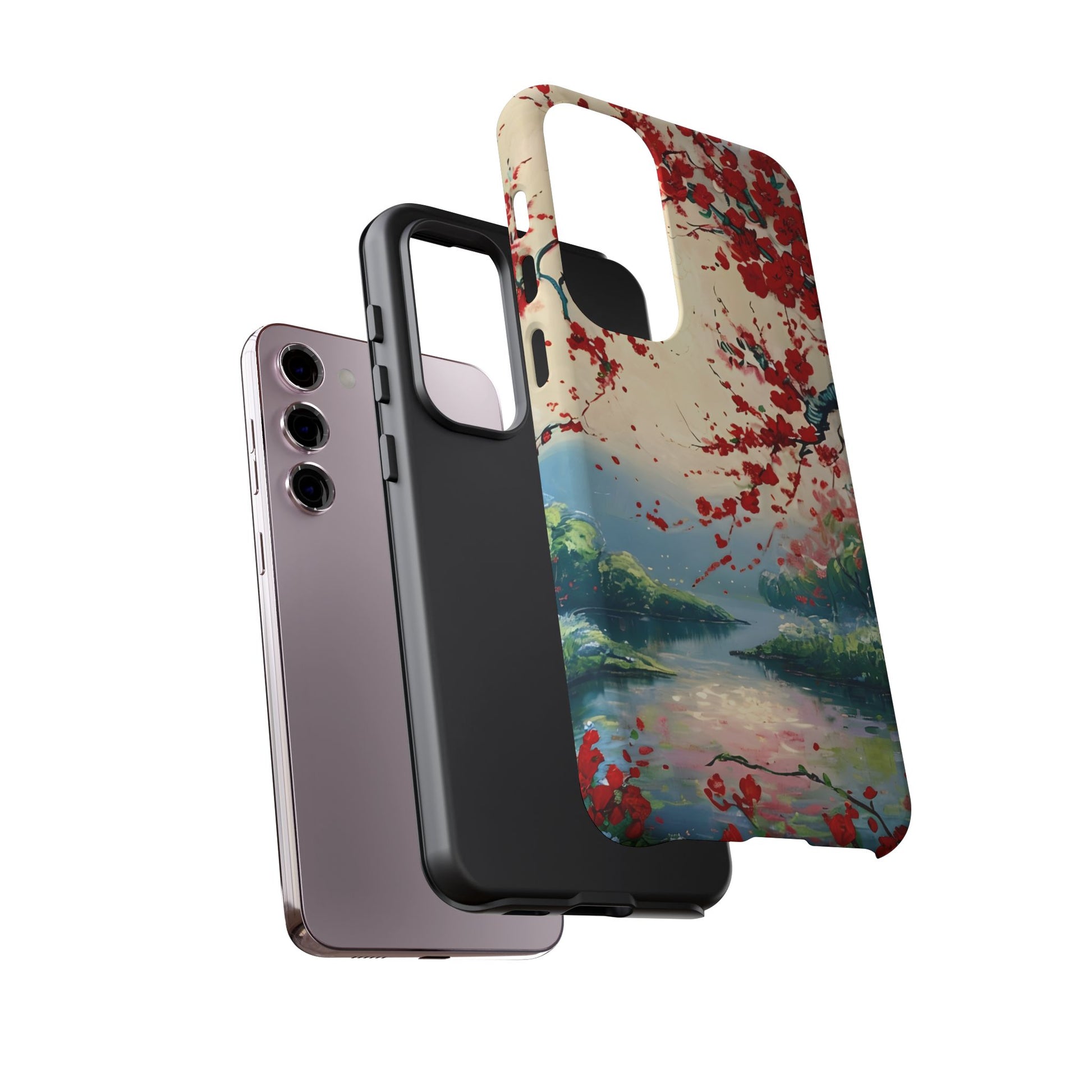 Crimson Blossom Lake - Artistic Floral Landscape Samsung Galaxy S23 Plus Tough Phone Case - Red Cherry Blossoms & Serene Lake Design
