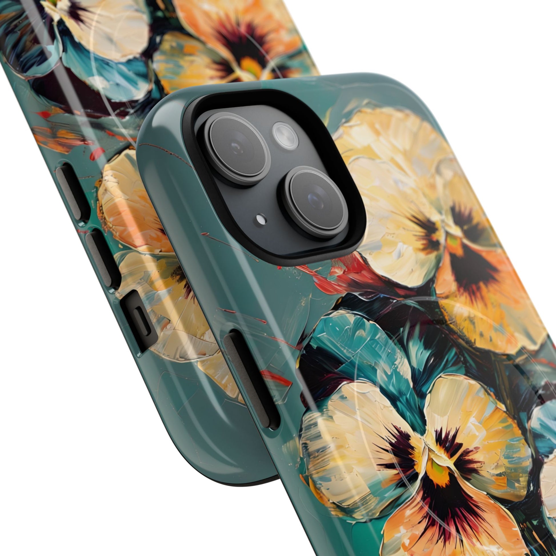 Golden Pansy Cascade - Elegant Floral iPhone 15 MagSafe Case with Deep Teal Background
